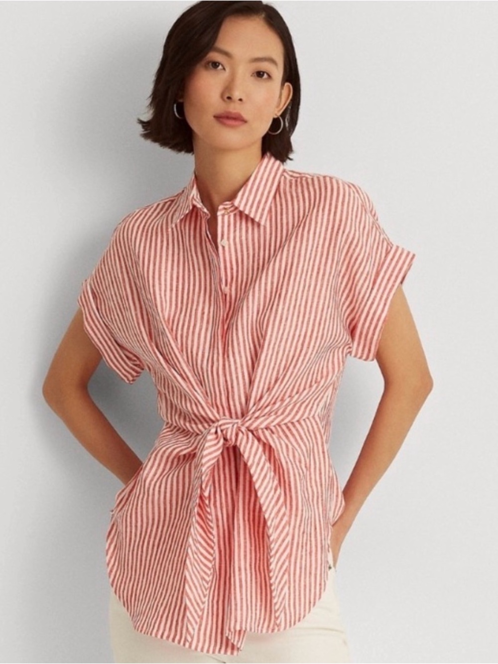 Lauren Ralph Lauren striped tie front linen button down red & white Preppy Small